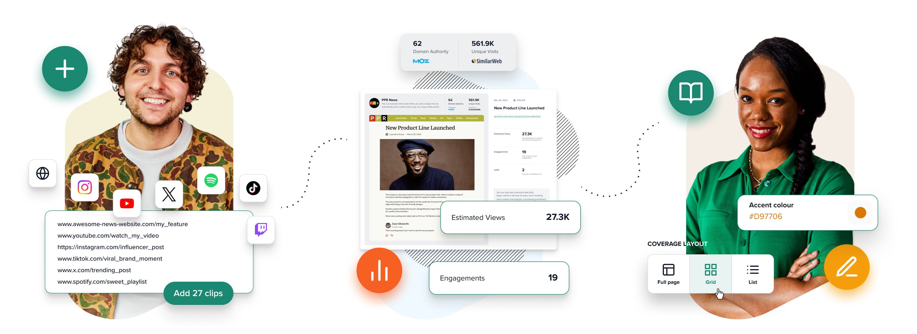 1. add coverage Instagram, X, YouTube, TikTok, Spotify, Twitch logos. 2. Screenshots and metrics. 3. Happy client with report layout settings.