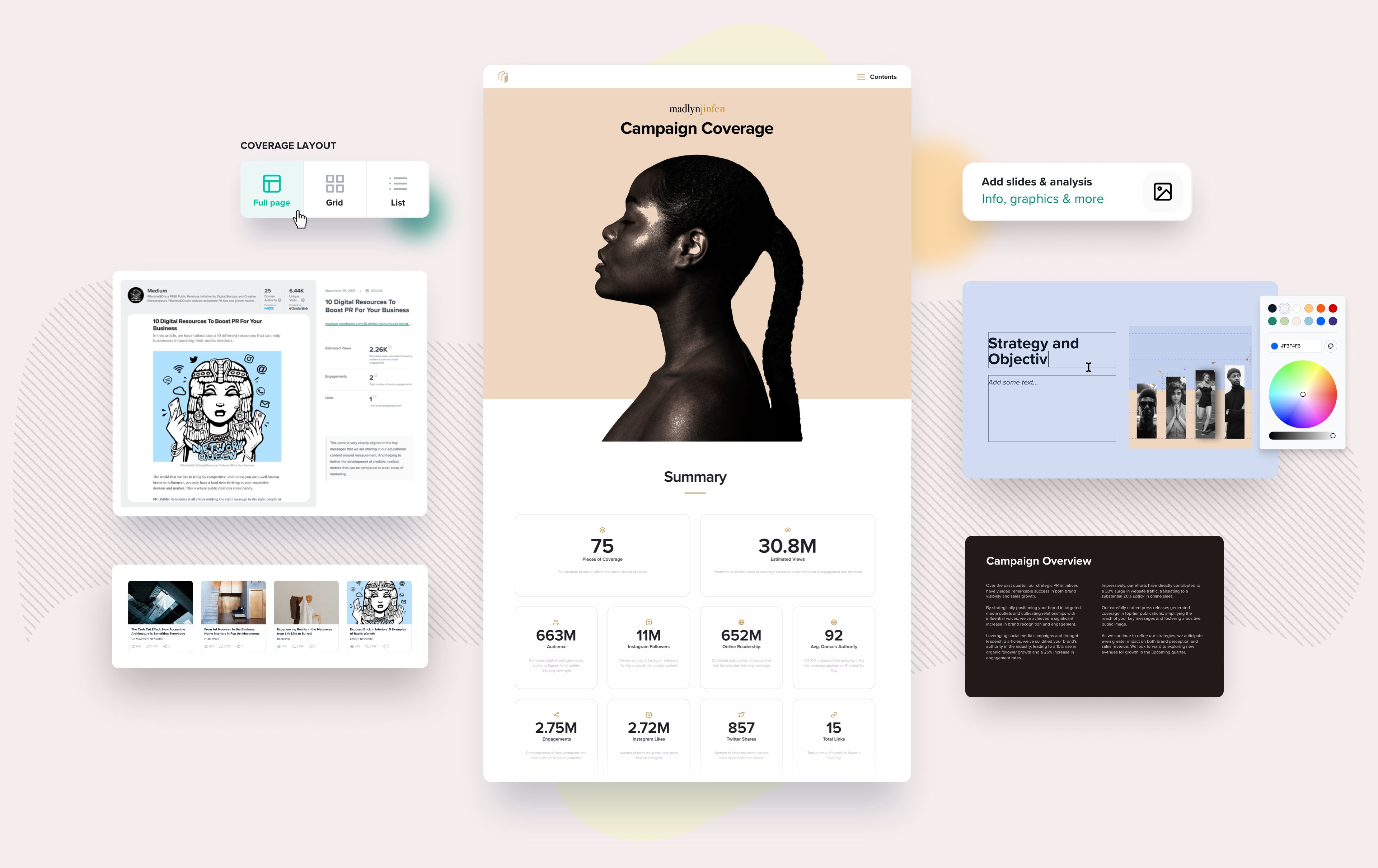 report cover and metrics summary. Full page and Grid and coverage layouts.