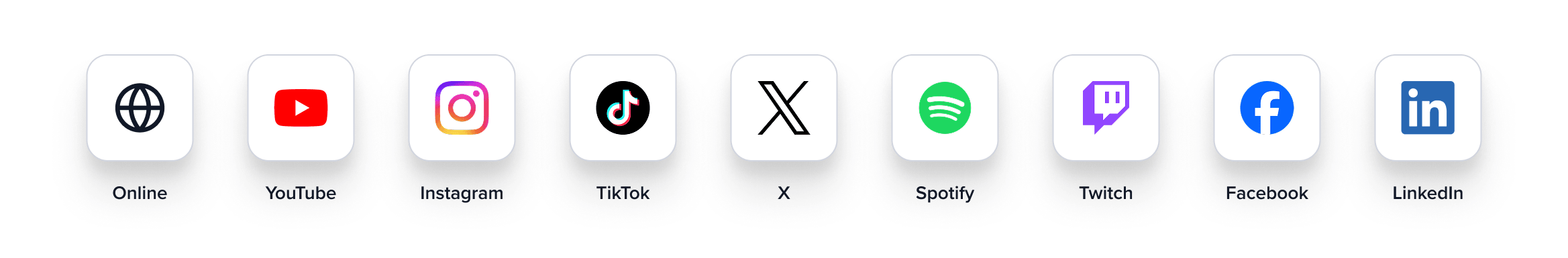 Logos of supported platforms: Online, YouTube, Instagram, TikTok, X, Spotify and Twitch